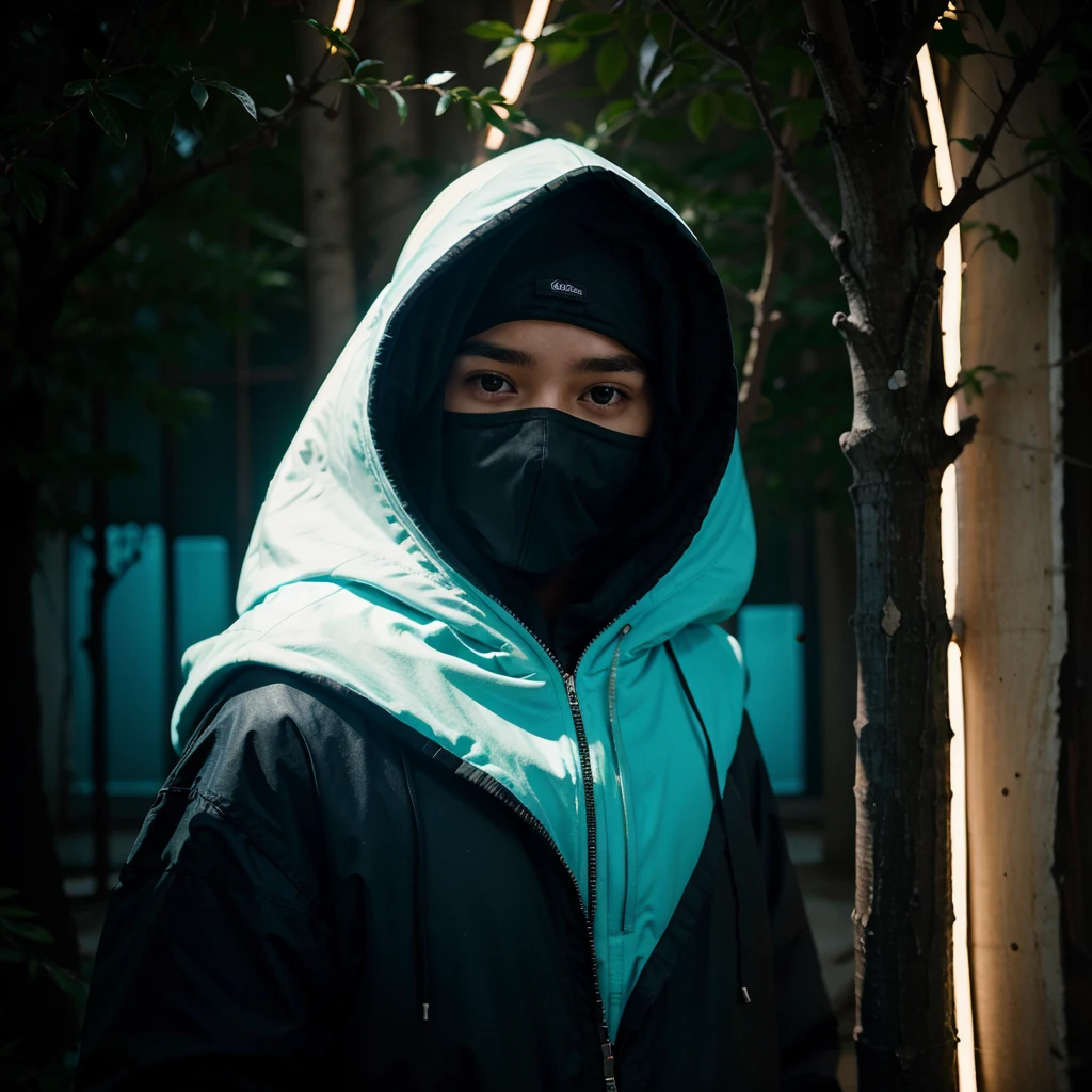 tree masked hooded young men color coridor neon liminal space cold light tamisé