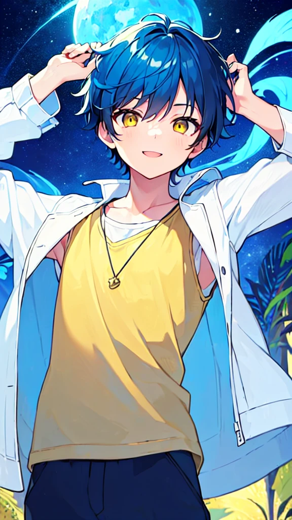 [(SUMMER night BACKGROUND:1.5),::5], ((((masterpiece)))), high quality, very_high_resolution, large_filesize, upper body, full color, ((Solo)), ((little boy)), 13 old year, men's short deepblue hair, vivid color, ((yellow eye)), Summer clothes white, animestyle, light smile