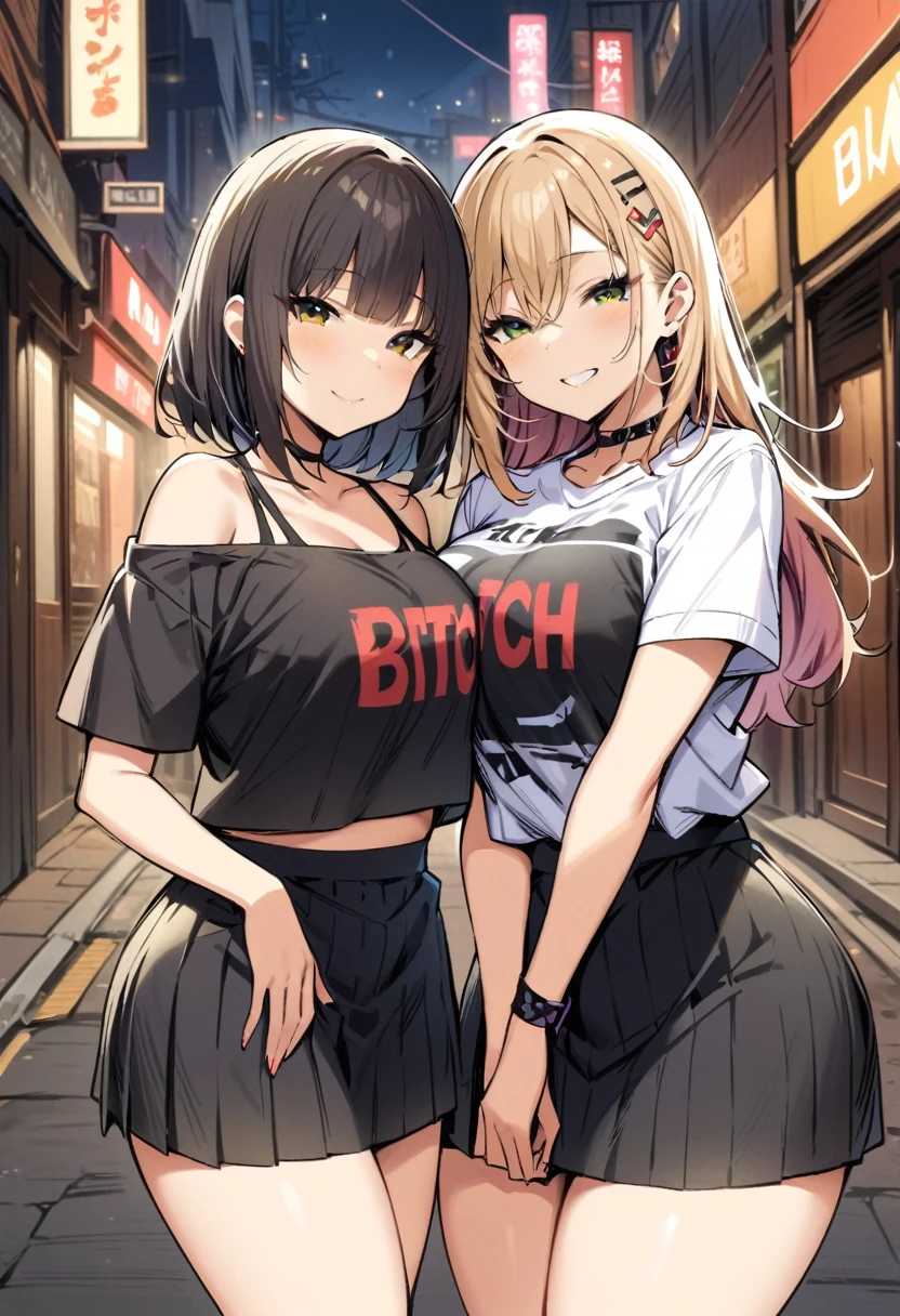 masterpiece, Highest quality, High resolution,  ＪＫ,((Two Girls,))Huge , chest,,View your viewers,,,,smile, street,at night, Bitch wear