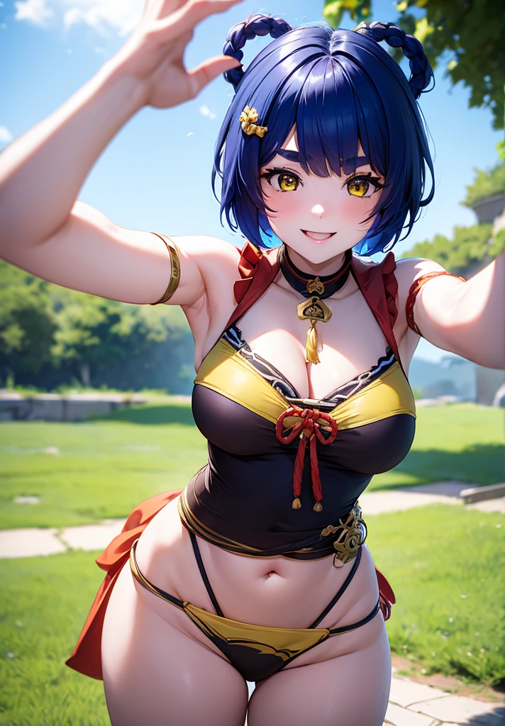 Masterpiece, Best Quality, 1 girl, Xiangling (genshin impact), selfie, SMILE, hair ornament, IN, looking at the viewer, yellow eyes, short hair, :d, fringe, hair pin, Open mouth, thick eyebrows, thin Bikini, >_<, blue hair, puesta de sun, Casual, blurred, Arm raised, Upper part of the body, suno, disfraz alternatiINo, sun, reaching the viewer, Xd, outdoor, braid, panda, mountain, depth of field, sky, seductive smile