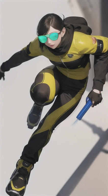 (ultra detailed,ultra high res,detailed background),((2D)),((flat color)),((muted color)),((floating neon)),1girl,solo,looking at viewer, spray paint, graffiti, girl in a white fencing suit, long plush scarf, full body image, adult woman, anatomically perfect face, face in focus, symmetrical face, rollerskates, wearing a 1950's scifi helmet with a visor, big sunglasses, ((action pose, in motion))