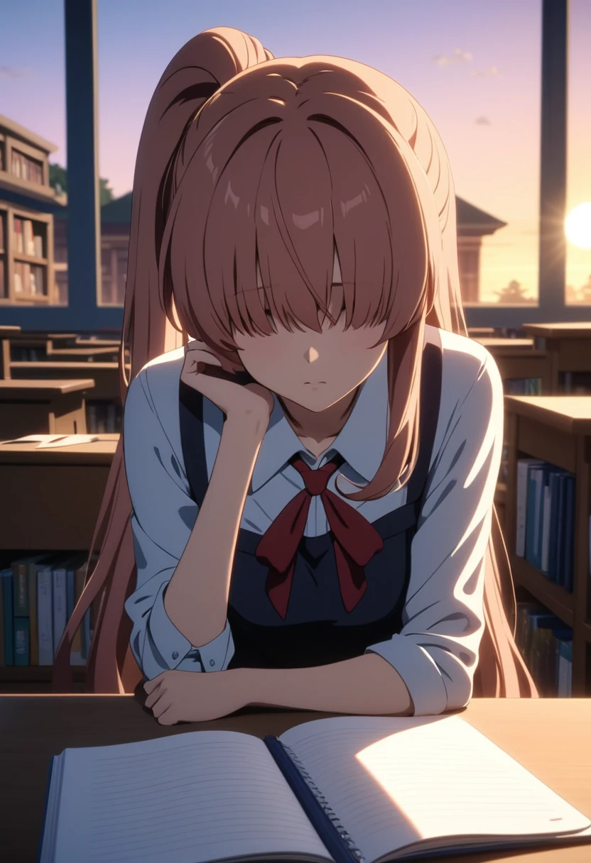 bangs, long hair, hair over eyes, pensive, side ponytail, anime style, UHD, masterpiece, textured skin, highres, best quality, A high school girl rests her chin on her desk while opening a notebook in the library, In the evening, the setting sun is shining through the window