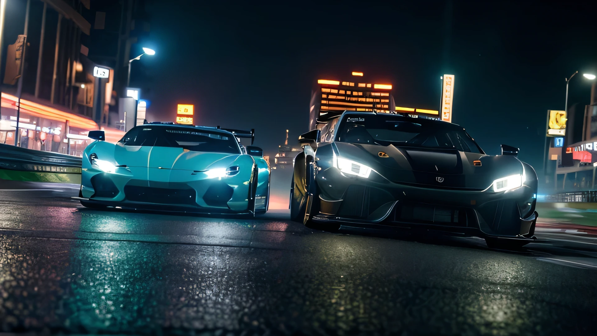 (best quality,4k,8k,highres,masterpiece:1.2),ultra-detailed,(realistic,photorealistic,photo-realistic:1.37),two luxury sports cars racing at high speed on a night city street,fast motion blur,dynamic action pose,dramatic lighting,neon city lights,wet asphalt road,cinematic atmosphere,intense competition,adrenaline,speed,power