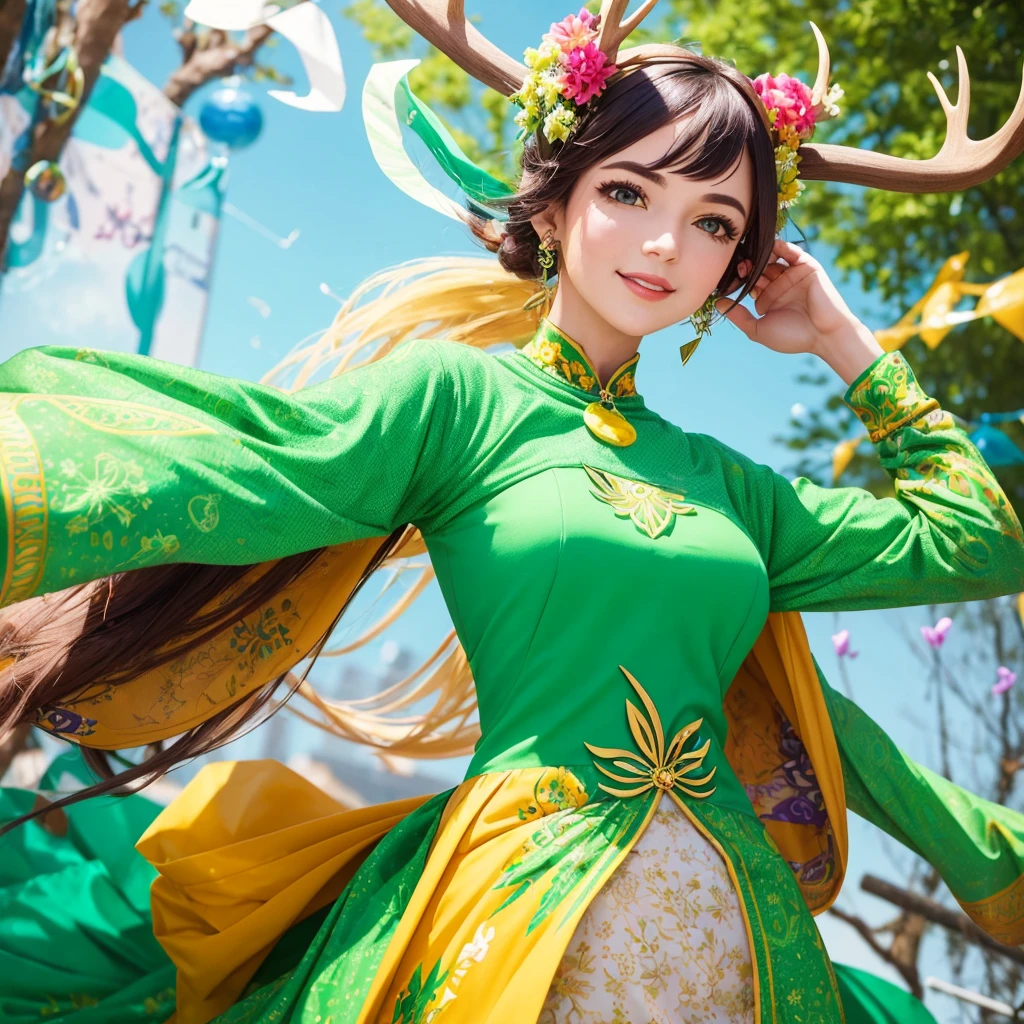 Create an image of a vibrant and creative woman representing an MBTI campaigner (ENFP) type. She is wearing a lively green outfit that highlights her enthusiasm and individuality. She has elegant deer antlers growing from her head, adding a unique and whimsical touch to her appearance. The background should be a colorful and imaginative setting that reflects her love for new experiences and her spontaneous nature.