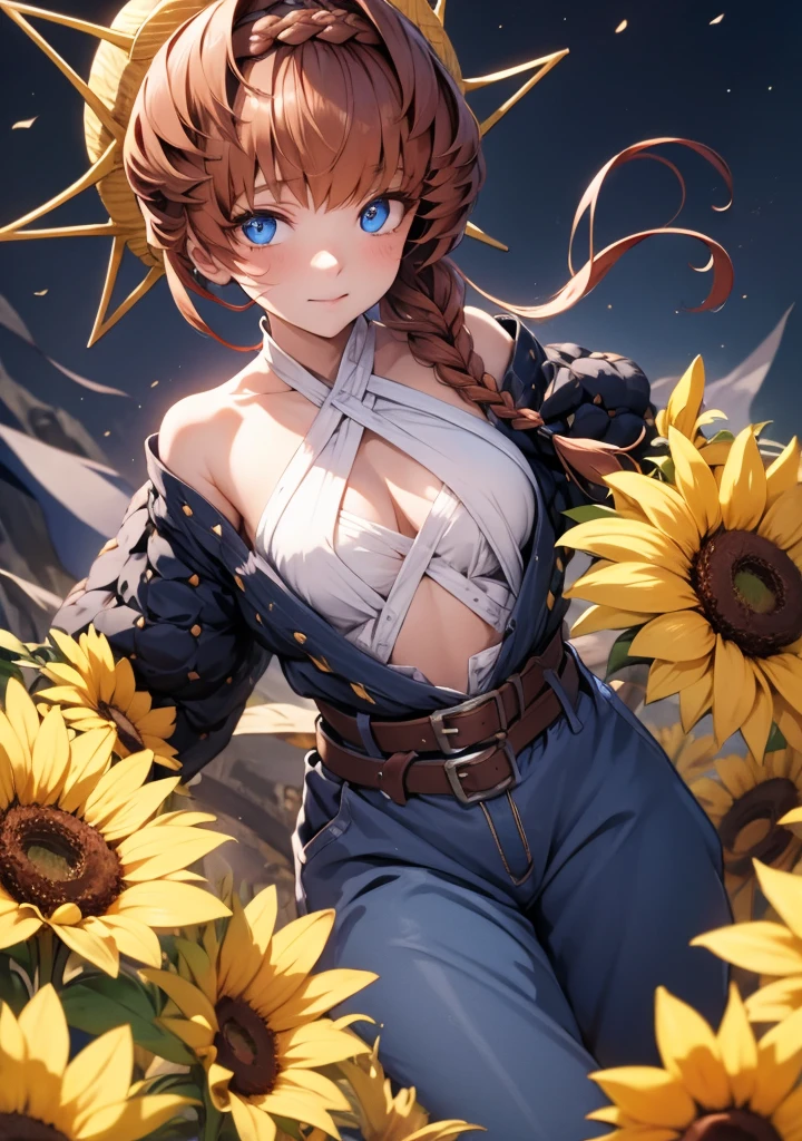 vangogh, van gogh, blue eyes, braid, brown hair, crown braid, side braid,
BREAK belt, black sleeves, blue overalls, buckle, clothing cutout, flower, navel, navel cutout, orange headwear, overalls, puffy sleeves, striped, striped headwear, sunflower, zipper pull tab,
BREAK looking at viewer,
BREAK outdoors,
BREAK (masterpiece:1.2), best quality, high resolution, unity 8k wallpaper, (illustration:0.8), (beautiful detailed eyes:1.6), extremely detailed face, perfect lighting, extremely detailed CG, (perfect hands, perfect anatomy),