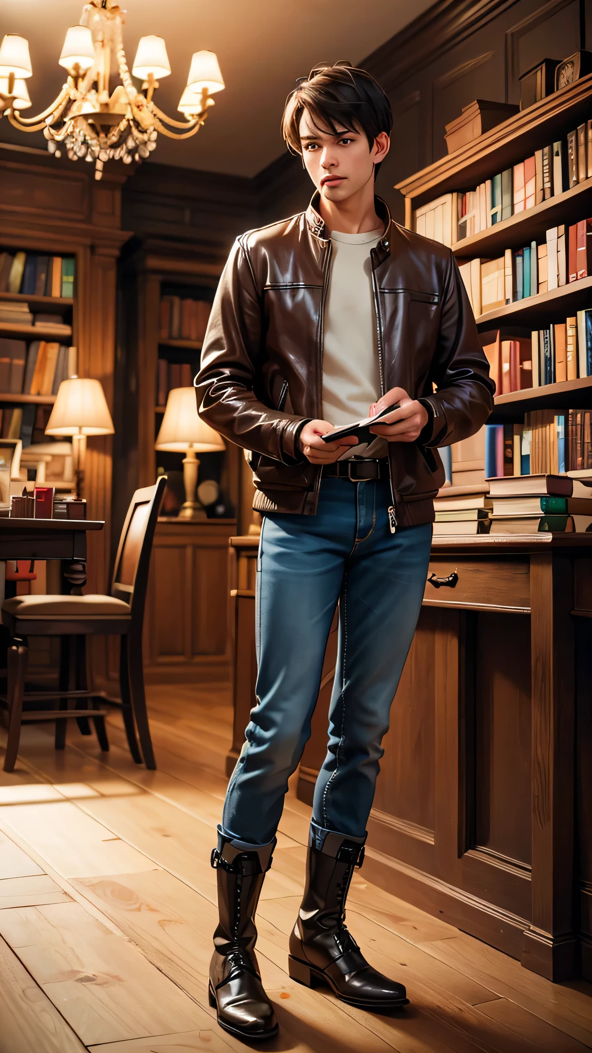 Inside the quaint bookstore, the warm light from the chandeliers illuminates rows of books. Mark, the kind-hearted man , arranging books on a shelf. He's wearing a brown leather jacket and black boots. (best quality, 4k, 8k, highres, masterpiece:1.2), ultra-detailed, (realistic, photorealistic, photo-realistic:1.37), indoor, soft lighting, lively atmosphere).