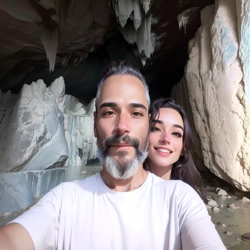 há um homem e uma mulher tirando uma selfie na frente de uma cavernrna, Em uma cavernrna, Em uma cavernrna with the waterfall, standing in a cave, cavern, caverns, profile image, natural cavern wall, photo taken in 2 0 2 0, em uma grande cavern no desertorna, caverns!, wearing cavern man clothes, dentro de uma cavernrna, stalactites