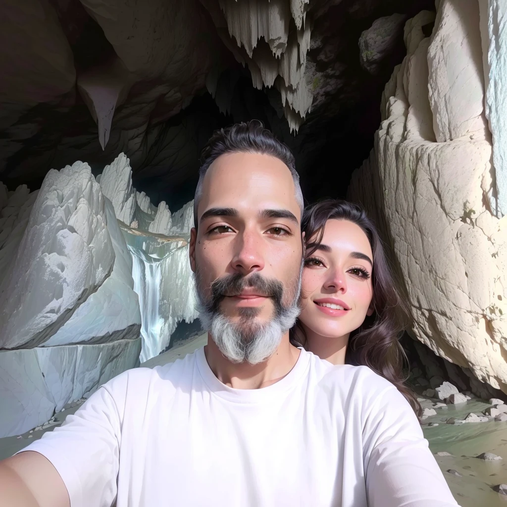 há um homem e uma mulher tirando uma selfie na frente de uma cavernrna, Em uma cavernrna, Em uma cavernrna with the waterfall, standing in a cave, cavern, caverns, profile image, natural cavern wall, photo taken in 2 0 2 0, em uma grande cavern no desertorna, caverns!, wearing cavern man clothes, dentro de uma cavernrna, stalactites