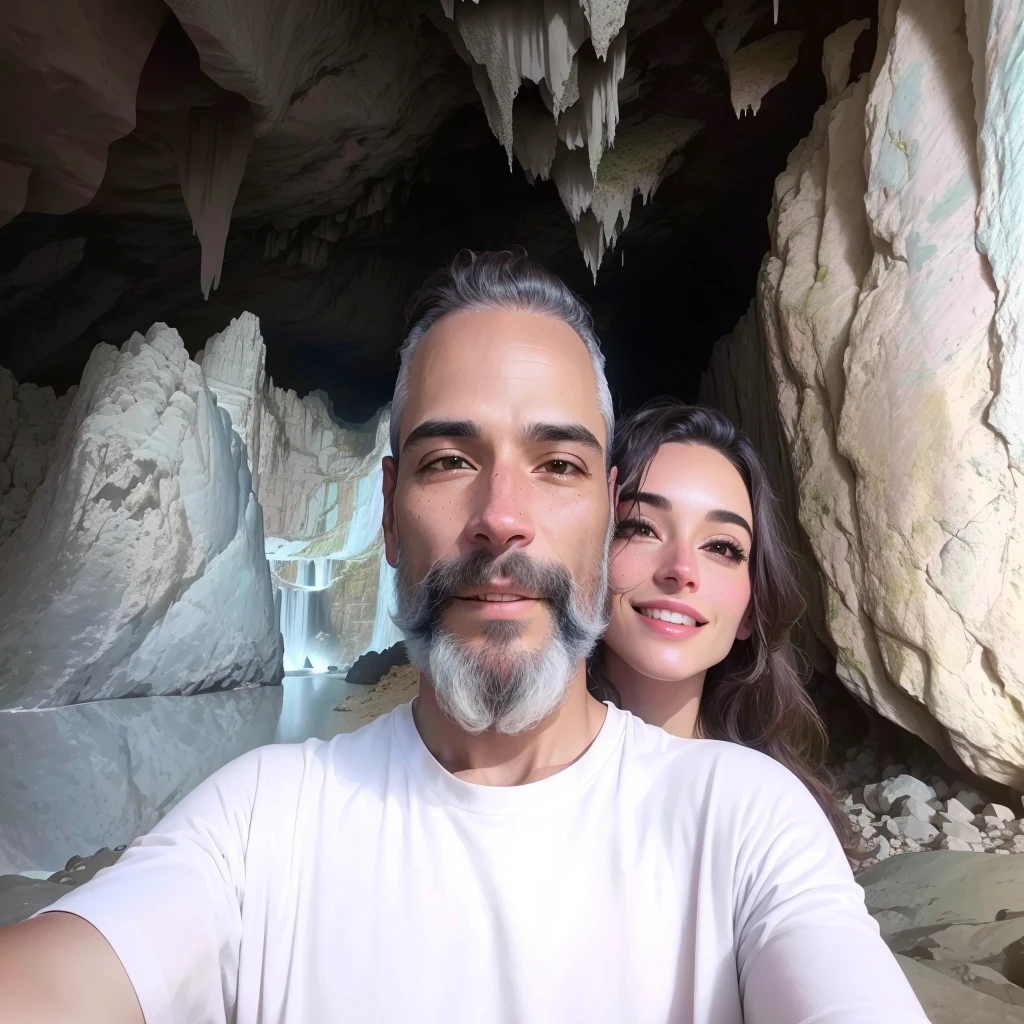 há um homem e uma mulher tirando uma selfie na frente de uma cavernrna, Em uma cavernrna, Em uma cavernrna with the waterfall, standing in a cave, cavern, caverns, profile image, natural cavern wall, photo taken in 2 0 2 0, em uma grande cavern no desertorna, caverns!, wearing cavern man clothes, dentro de uma cavernrna, stalactites