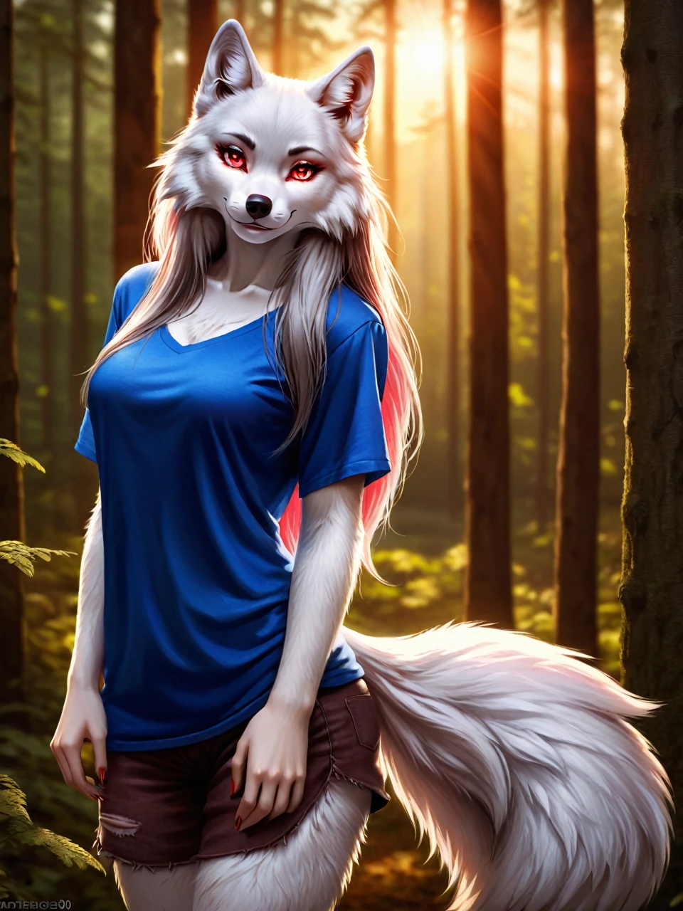 Posing, Female, 30 years old, cute, eyeliner, long hair, biting lip smile, blue shirt, bedroom eyes, anthro, wolf ears, (white fur:1.5), baggy shirt, wolf, forest background, 8k, hi res, (best quality, masterpiece), red glowing eyes, (wolf tail:1.5), (detailed fur:2.0), realistic 