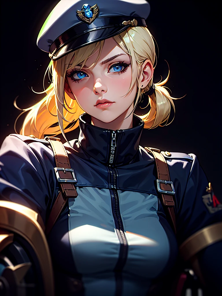 ((Portrait)), She has a Strong and Determined Appearance, with a Nordic Charm, Fair Skin, and a Slim Build. She Expresses a Focused and Resolute Look, Giving Off a Confident Attitude. She has Blue Eyes, Her Hair is Long and Straight, Platinum Blonde, Tied in a Low Ponytail. She Wears a Fitted Dark Police Uniform with a Tactical Gear, and is Always Seen in a Sleek, Modern Wheelchair. ((Portrait, HDR, Dark Background))
