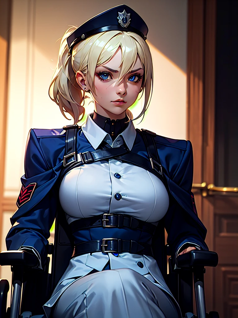 ((Portrait)), She has a Strong and Determined Appearance, with a Nordic Charm, Fair Skin, and a Slim Build. She Expresses a Focused and Resolute Look, Giving Off a Confident Attitude. She has Blue Eyes, Her Hair is Long and Straight, Platinum Blonde, Tied in a Low Ponytail. She Wears a Fitted Dark Police Uniform with a Tactical Gear, and is Always Seen in a Sleek, Modern Wheelchair. ((Portrait, HDR, Dark Background))