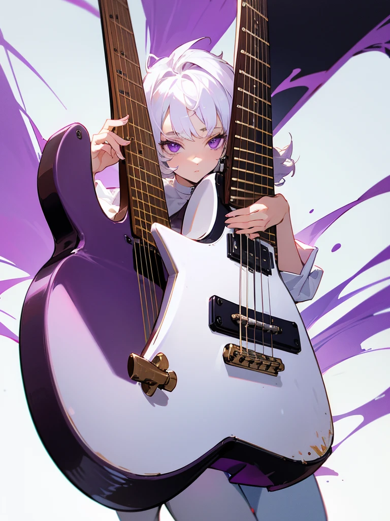 White outfit, short curly white hair, guitar, purple eyes