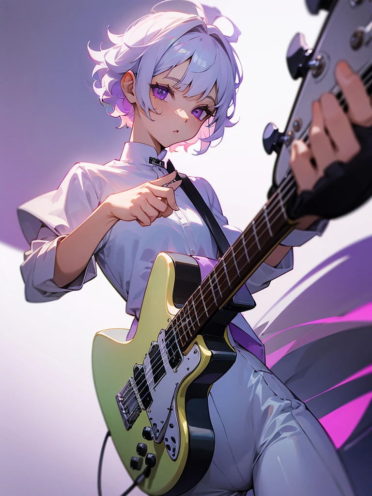 White outfit, short curly white hair, guitar, purple eyes