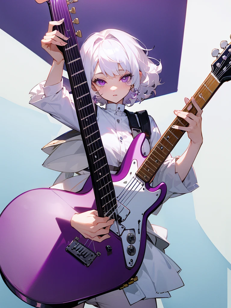 White outfit, short curly white hair, guitar, purple eyes