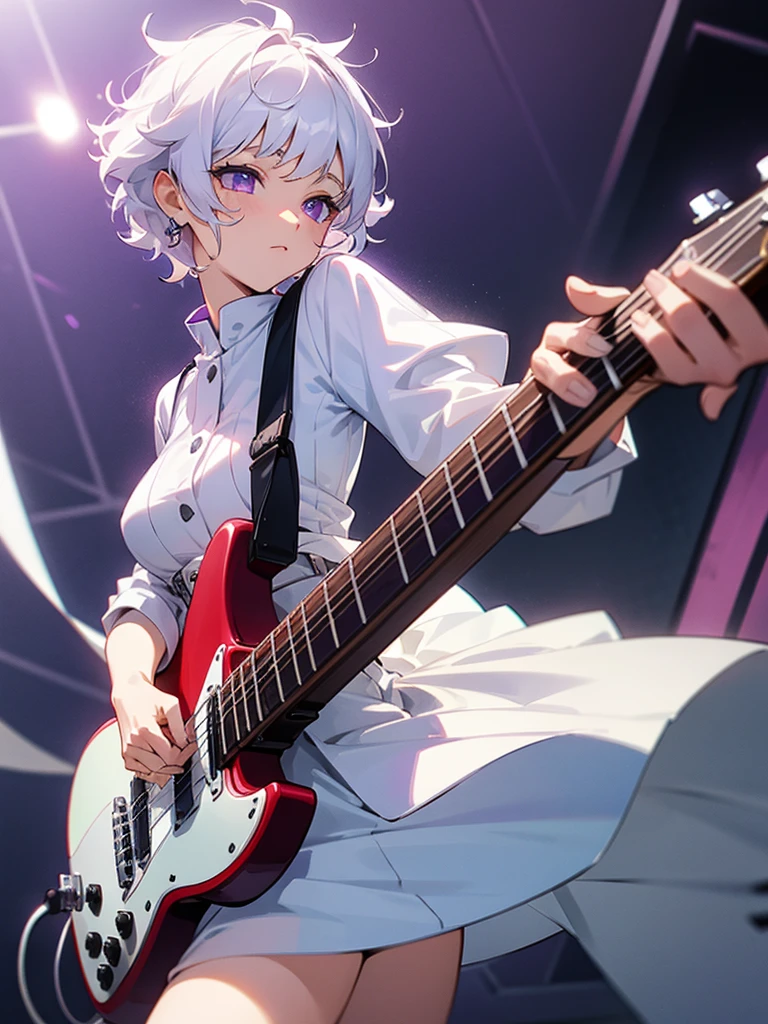 White outfit, short curly white hair, guitar, purple eyes