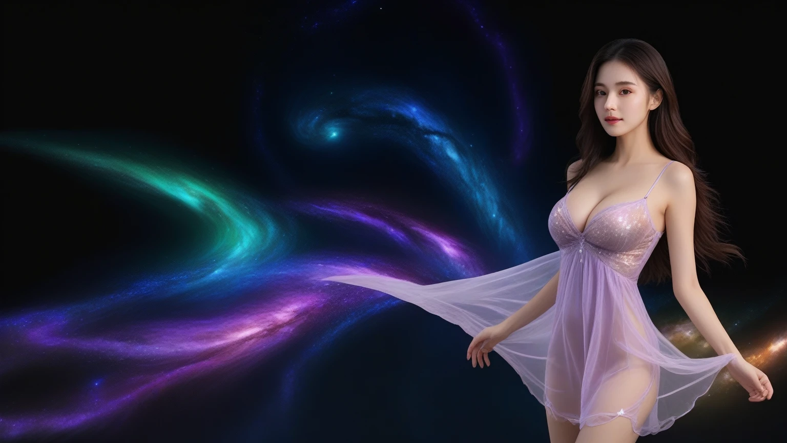 (((at night))), 1girl, solo, under starry sky, surrounded by spiral ethereal aurora, photo realistic huge-breast gorgeous busty slim woman, perfect face, wind-blowing black long hair, (((extreamly low-cut translucent:2.2 high-waist one-piece galaxy glowing short minidress exposing G-string panty))), smoky twirl dress, off shoulder, (((breast cleavage))), free dancing with the rythem of aurora lights, standing hip-up pose, (slow motion blur effects), (((half-body low angle above thigh medium shot))), dark background:1.8