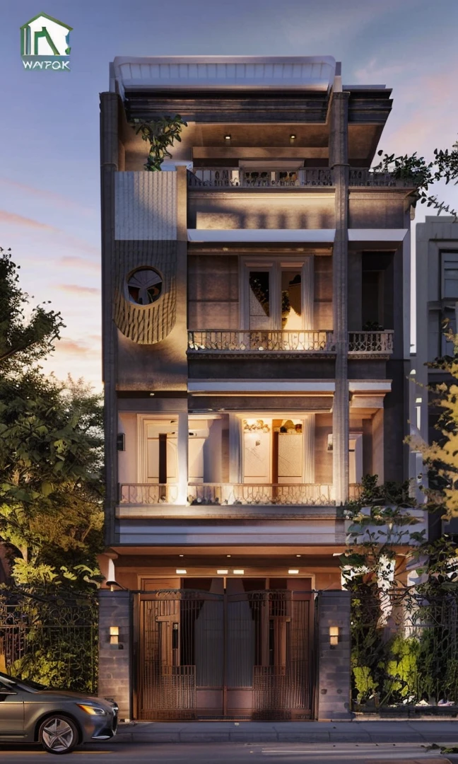 Architectural masterpiece, best quality, 16k image, classic architecture, white painted walls, car parked in front yard, arched door, artistic iron railing, arched door, wall lamp, best quality, detail most detailed, 3d max rendering