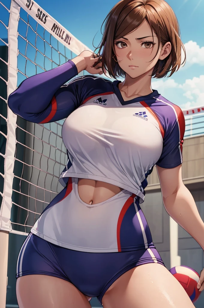 (Highest quality:1.5, High resolution, uhd, 4K, Detailed lighting, Shaders), ((Kugisaki Nobara)) ,solo short hair　Brown Hair　Brown eyes　Cool face　　((Volleyball Uniforms))++　Realistic gym　 Sweat　Super oily skin　Beautiful Abs　Preparing for exercise　No ball　No sleeve　Cowboy Shot