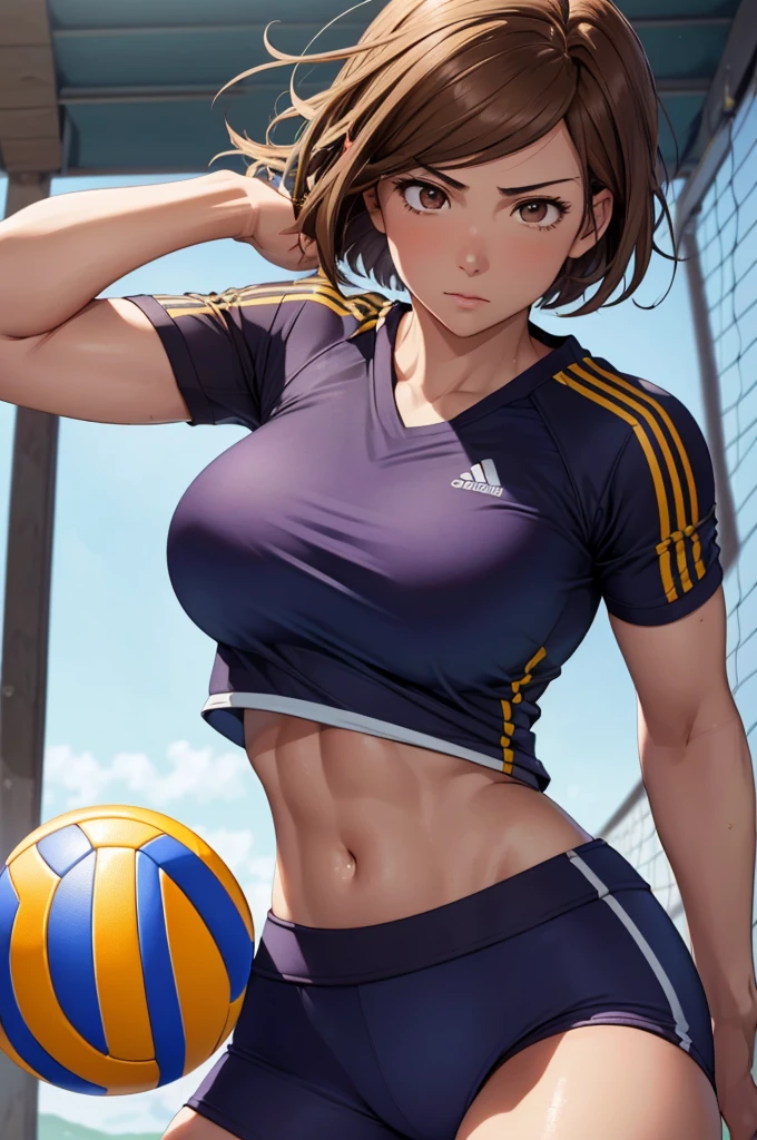 (Highest quality:1.5, High resolution, uhd, 4K, Detailed lighting, Shaders), ((Kugisaki Nobara)) ,solo short hair Brown Hair Brown eyes Cool face ((Volleyball Uniforms))++ Realistic gym Sweat Super oily skin Beautiful Abs Preparing for exercise No ball No sleeve Cowboy Shot
