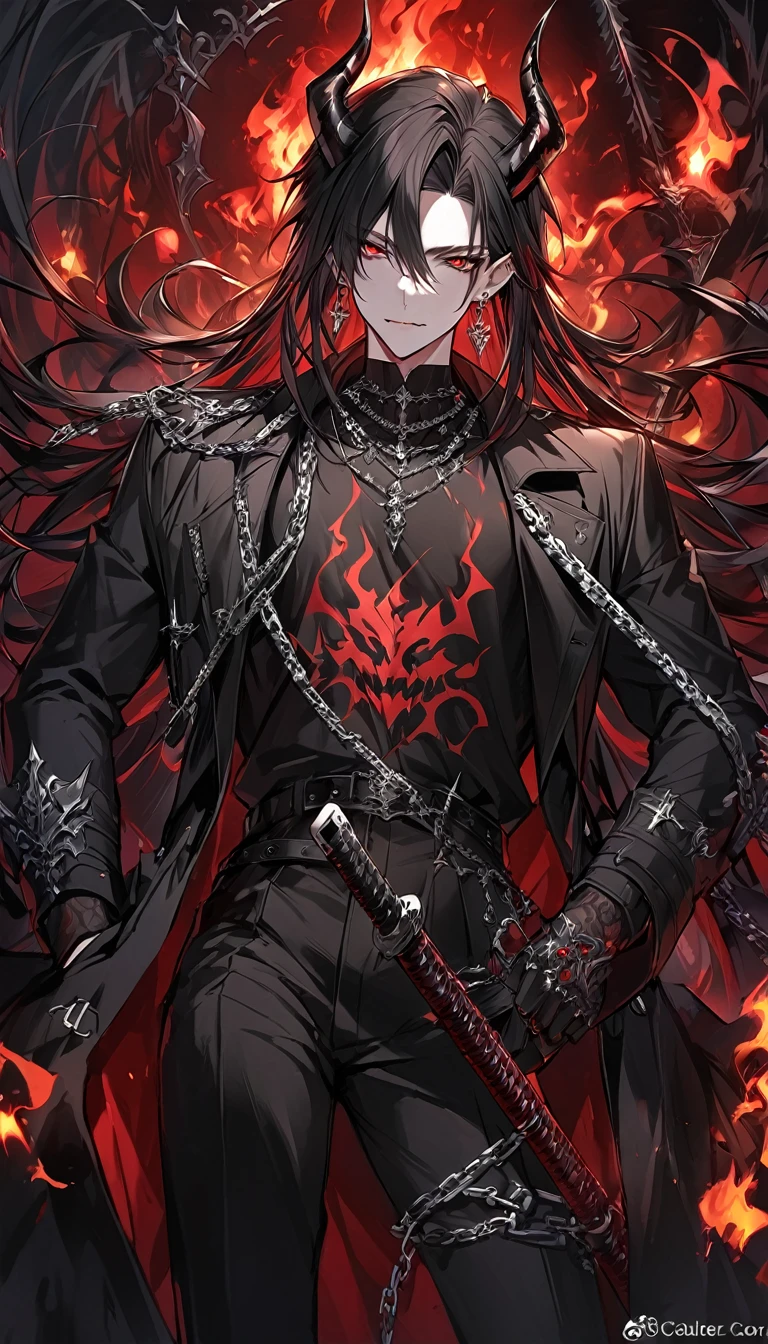 alone, good looking, 1 male, Long hair, Middle parted, Black hair, Red eyes, Black shirt, White Thailand, Black Trench Coat, Royal Silver Jewellery, Royal Demon Earrings, Black horns, Demon Crown, Demonic Katana, Chain, On Back, Demonic Black flames Aura, vtuber Character Design sheet