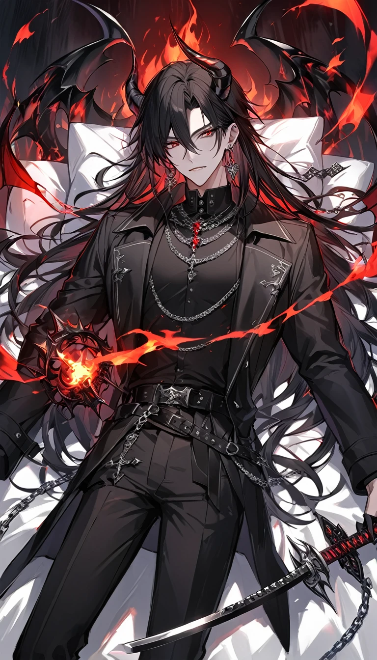 alone, good looking, 1 male, Long hair, Middle parted, Black hair, Red eyes, Black shirt, White Thailand, Black Trench Coat, Royal Silver Jewellery, Royal Demon Earrings, Black horns, Demon Crown, Demonic Katana, Chain, On Back, Demonic Black flames Aura, vtuber Character Design sheet