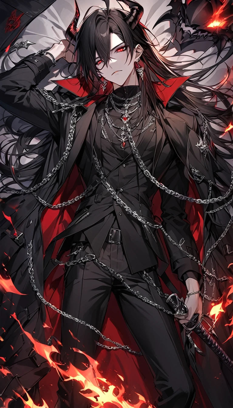 alone, good looking, 1 male, Long hair, Middle parted, Black hair, Red eyes, Black shirt, White Thailand, Black Trench Coat, Royal Silver Jewellery, Royal Demon Earrings, Black horns, Demon Crown, Demonic Katana, Chain, On Back, Demonic Black flames Aura, vtuber Character Design sheet