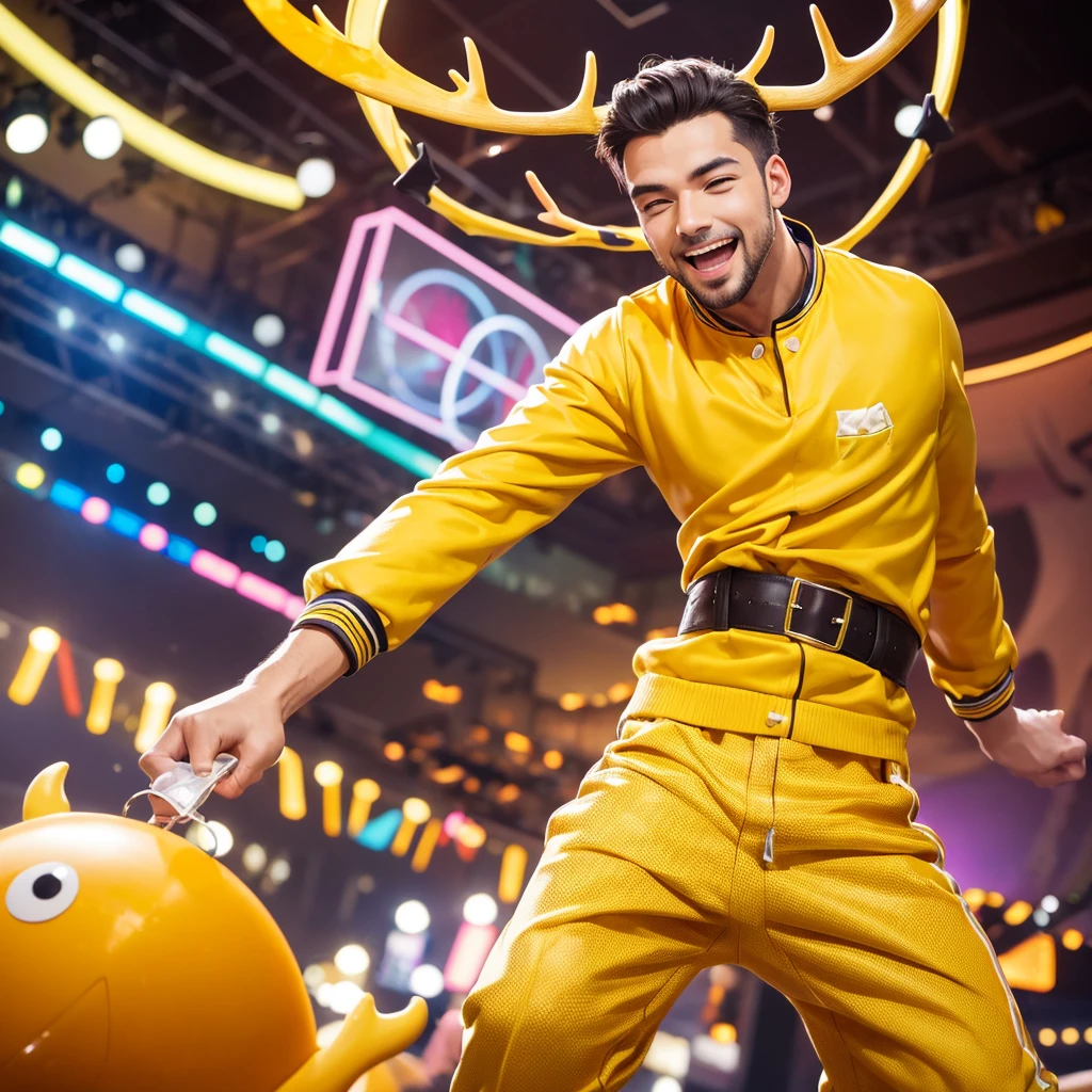 Create an image of a lively and charismatic man representing an MBTI entertainer (ESFP) type. He is wearing a bright yellow outfit that showcases his sociable and energetic nature. He has playful deer antlers growing from his head, adding a whimsical and entertaining touch to his appearance. The background should be a vibrant and festive setting that reflects his love for excitement and being the center of attention.