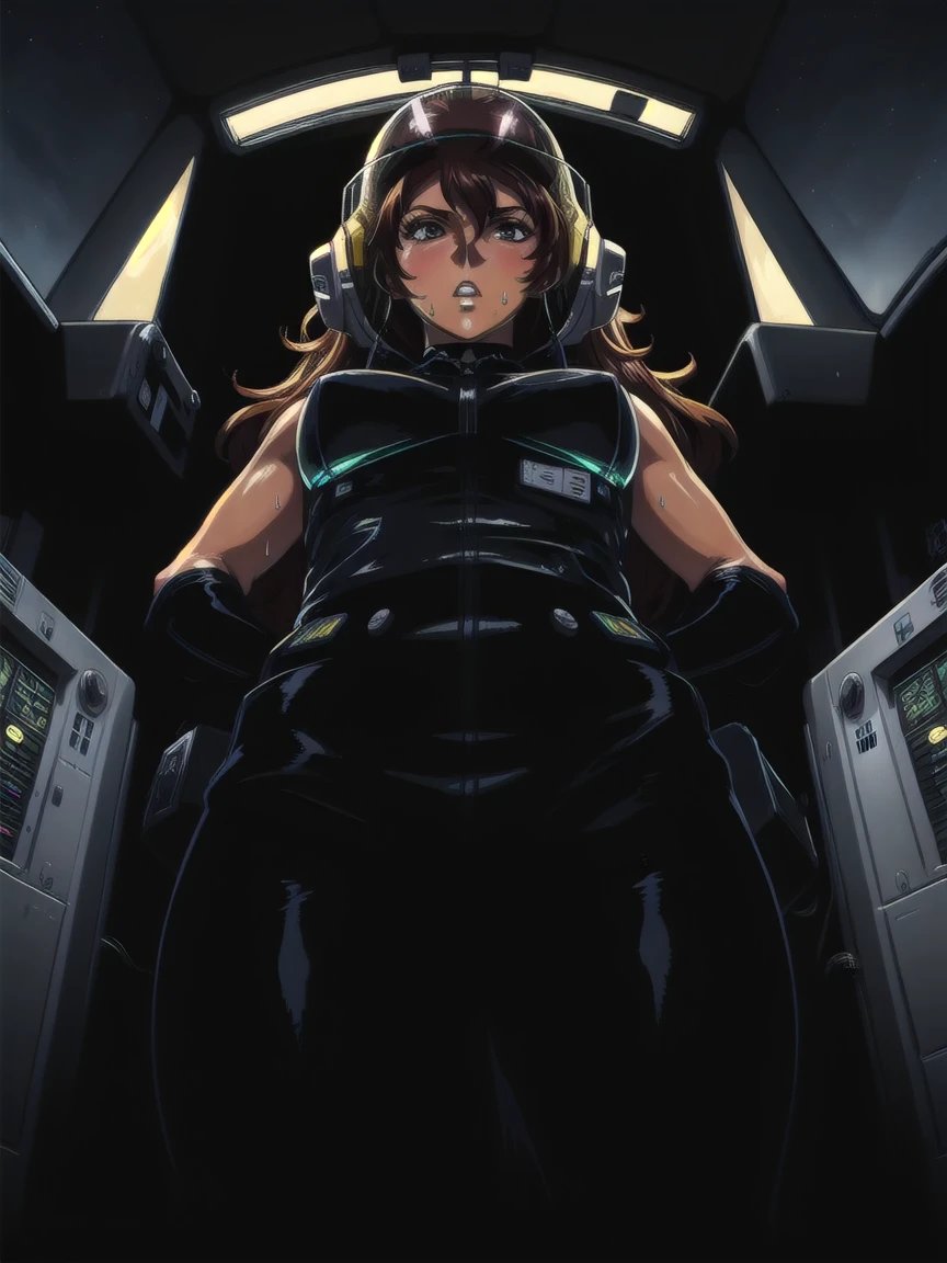 ((gothic vampire piloting in gothic spacecraft)), (((retro anime))), ((from below)), ((120 fov)), ((((gothic control panels)))), ((mature)), (((gothic))), iridescent bodysuit, ((lace accessories)), ((pilot seat)), ((((lying back)) pose)), ((elegant)), (((serious tone))), futuristic, ((cockpit top control panel)), intricate control panel details, 1990s (style), [blushing], sweat, masterpiece, ((claustrophobic)), sparkles, best quality, screens, ((pilot helmet)), ((hands on controls)), night, space, ((cockpit lights))