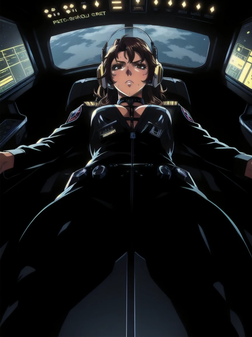 ((gothic vampire piloting in gothic spacecraft)), (((retro anime))), ((from below)), ((120 fov)), ((((gothic control panels)))), ((mature)), (((gothic))), iridescent bodysuit, ((lace accessories)), ((pilot seat)), ((((lying back)) pose)), ((elegant)), (((serious tone))), futuristic, ((cockpit top control panel)), intricate control panel details, 1990s (style), [blushing], sweat, masterpiece, ((claustrophobic)), sparkles, best quality, screens, ((pilot helmet)), ((hands on controls)), night, space, ((cockpit lights))