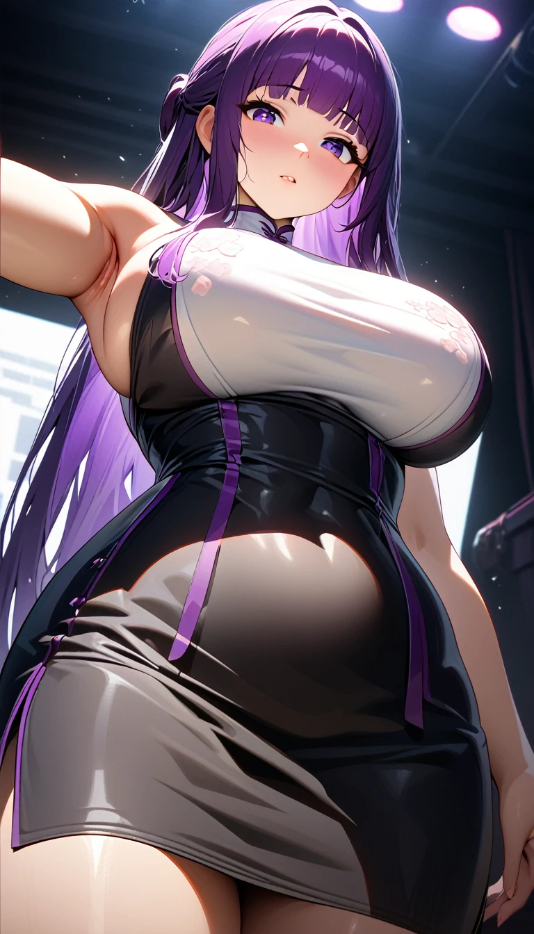 Cheongsam Girl，Half Up,Purple Hair,Purple eyes,Long Hair，Blunt bangs,cowboy shot,Pure white background，Big Breasts,Depth of written boundary，(Low angle view:0.9)，Calf Level View，Overclocked Renderer，Cinema Lighting，masterpiece,Ultra-fine，Very detailed，complicated，Cinematic Perspective，CG Art，Looking at me,