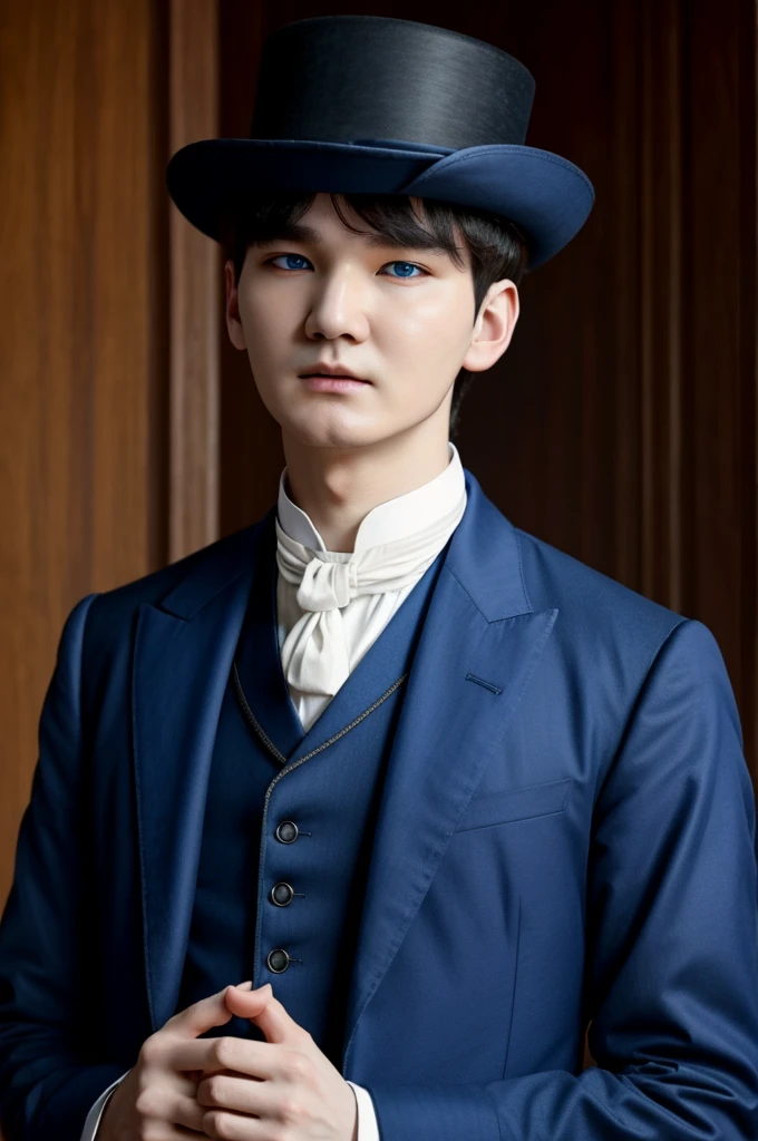 Yoongi with blue eyes and Victorian clothes