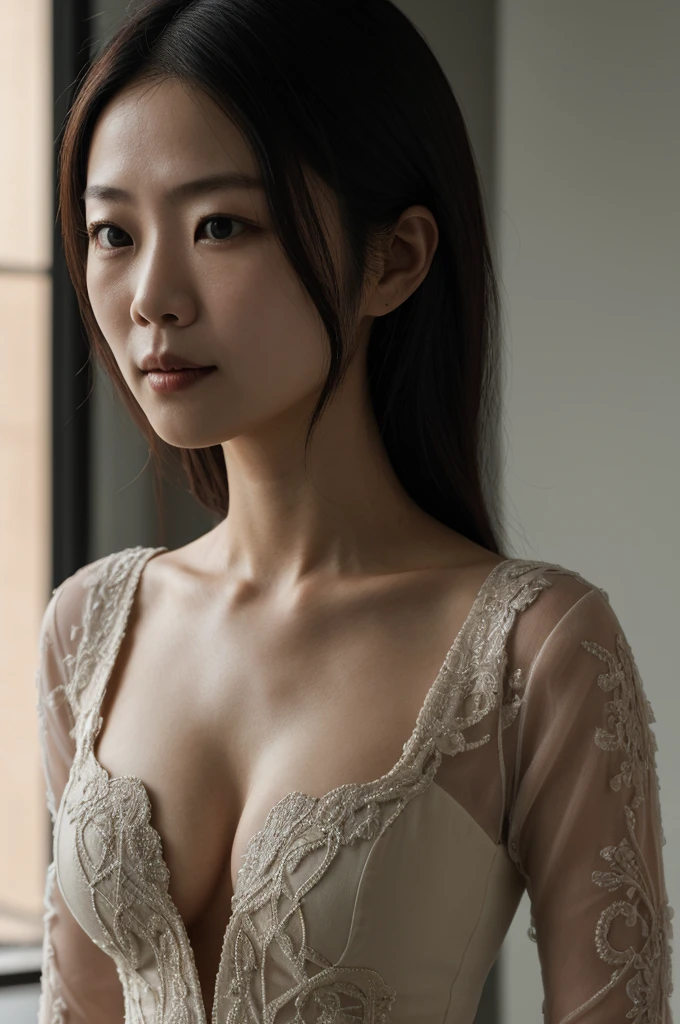 photo of Renfuk, a middle aged asian woman, cleavage, standing, photorealistic, (masterpiece:1.1), (best quality:1.1), beautiful, (intricate details), unity 8k wallpaper, ultra detailed, beautiful, aesthetic, perfect lighting, 