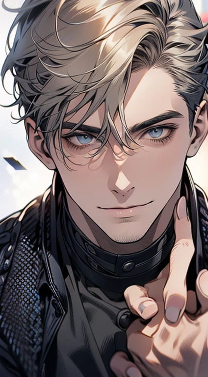 (best quality,4k,8k,highres,masterpiece:1.2),ultra-detailed,(realistic,photorealistic,photo-realistic:1.37),1 man,31 years old,mature man,very handsome,without expression,smile,short grey green hair,blue eyes,penetrating gaze,perfect face without errors,imposing posture,businessman,office background,cinematic lighting,hdr image