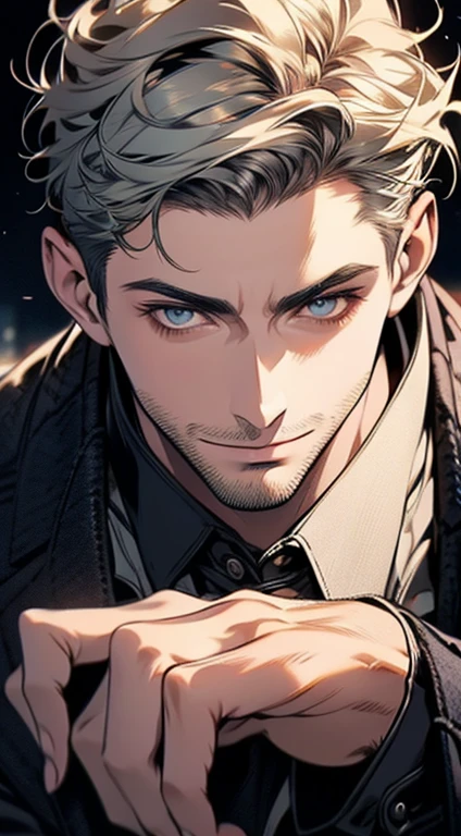 (best quality,4k,8k,highres,masterpiece:1.2),ultra-detailed,(realistic,photorealistic,photo-realistic:1.37),1 man,31 years old,mature man,very handsome,without expression,smile,short grey green hair,blue eyes,penetrating gaze,perfect face without errors,imposing posture,businessman,office background,cinematic lighting,hdr image
