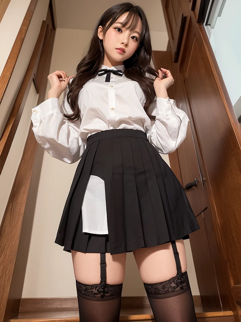 (Lift up your skirt with both hands 1.5),(Showing panties and stockings 1.5)