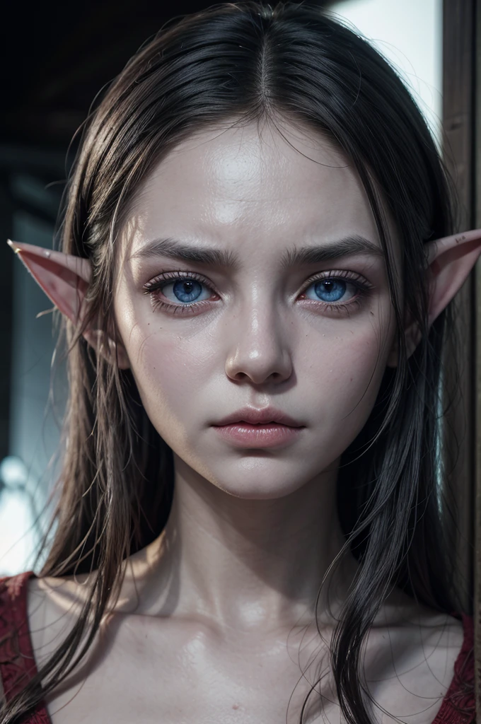 Dunmer, Eyes red, bluish gray skin, elf ears, thin face, melancholy look