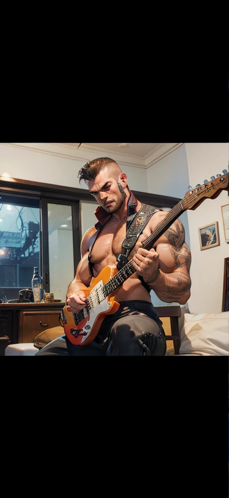 Muscular man playing guitar shiny muscles, Well defined demonic look fire on back ,arte ultra realista