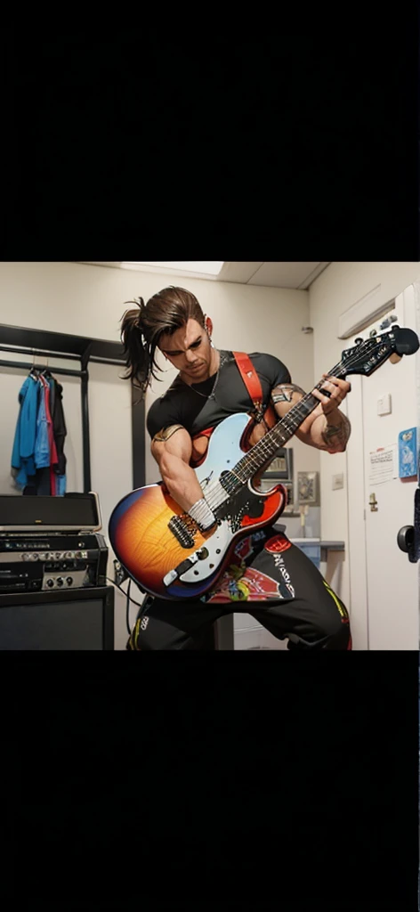 Muscular man playing guitar shiny muscles, Well defined demonic look fire on back ,arte ultra realista 