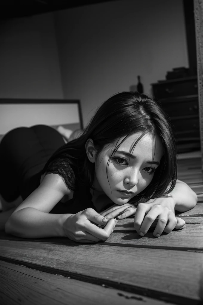 old style black and white photo, woman 40 years old, lying on the floor, dead, blood, a lot of blood, 8k