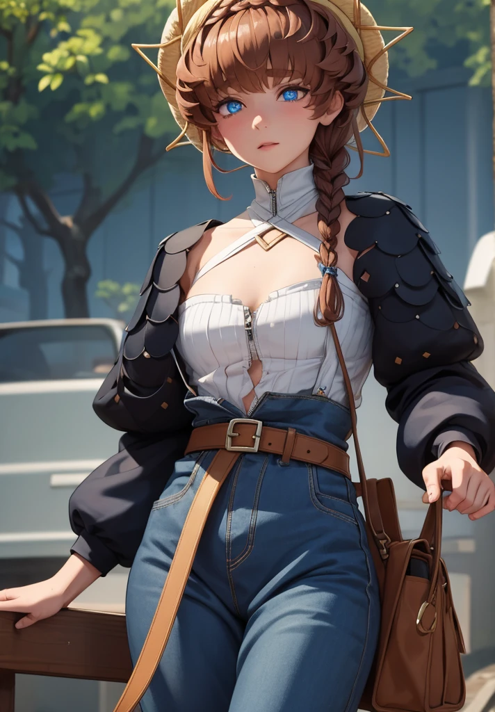 vangogh, van gogh, blue eyes, braid, brown hair, crown braid, side braid,
BREAK belt, black sleeves, blue overalls, buckle, clothing cutout, flower, navel, navel cutout, orange headwear, overalls, puffy sleeves, striped, striped headwear, sunflower, zipper pull tab,
BREAK looking at viewer,
BREAK outdoors,
BREAK (masterpiece:1.2), best quality, high resolution, unity 8k wallpaper, (illustration:0.8), (beautiful detailed eyes:1.6), extremely detailed face, perfect lighting, extremely detailed CG, (perfect hands, perfect anatomy),