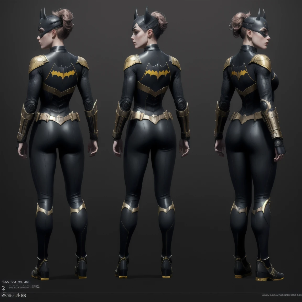 (8k, RAW photo, best quality, masterpiece:1.2), ultra detailed, official art, photo-realistic:1.37, upper body shot, DC Batgirl, film grain, action pose, (full body:1.5), (three view drawing, front and back and side, character sheet:1.3)