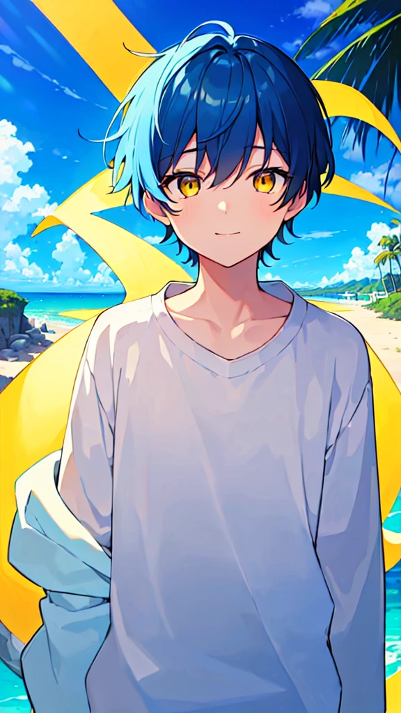 [(SUMMER night BACKGROUND:1.5),::5], ((((masterpiece)))), high quality, very_high_resolution, large_filesize, upper body, full color, ((Solo)), ((little boy)), 13 old year, men's short deepblue hair, vivid color, ((yellow eye)), Summer clothes white, animestyle, light smile