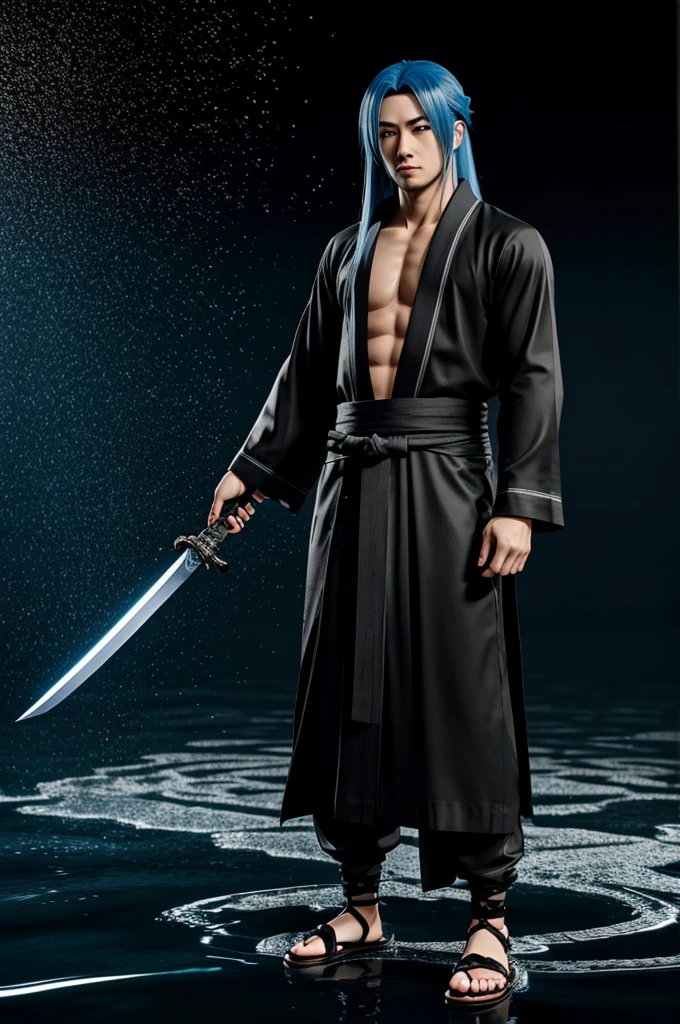 Created as a 3D anime Japanese man with long, straight, blue hair, wearing a black shinigami outfit. Black and blue checkered haori robe, sword in hand, wearing zori sandals, black background, Japanese style water effect shining all over. 3D rendering, full body perspective, perspective. side