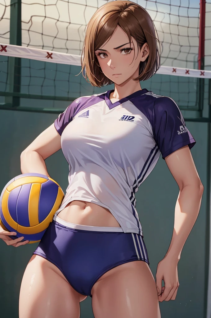 (Highest quality:1.5, High resolution, uhd, 4K, Detailed lighting, Shaders), ((Kugisaki Nobara)) ,solo short hair Brown Hair Brown eyes Cool face ((Volleyball Uniforms))++ Realistic gym Sweat Super oily skin Beautiful Abs Preparing for exercise No ball No sleeve Cowboy Shot