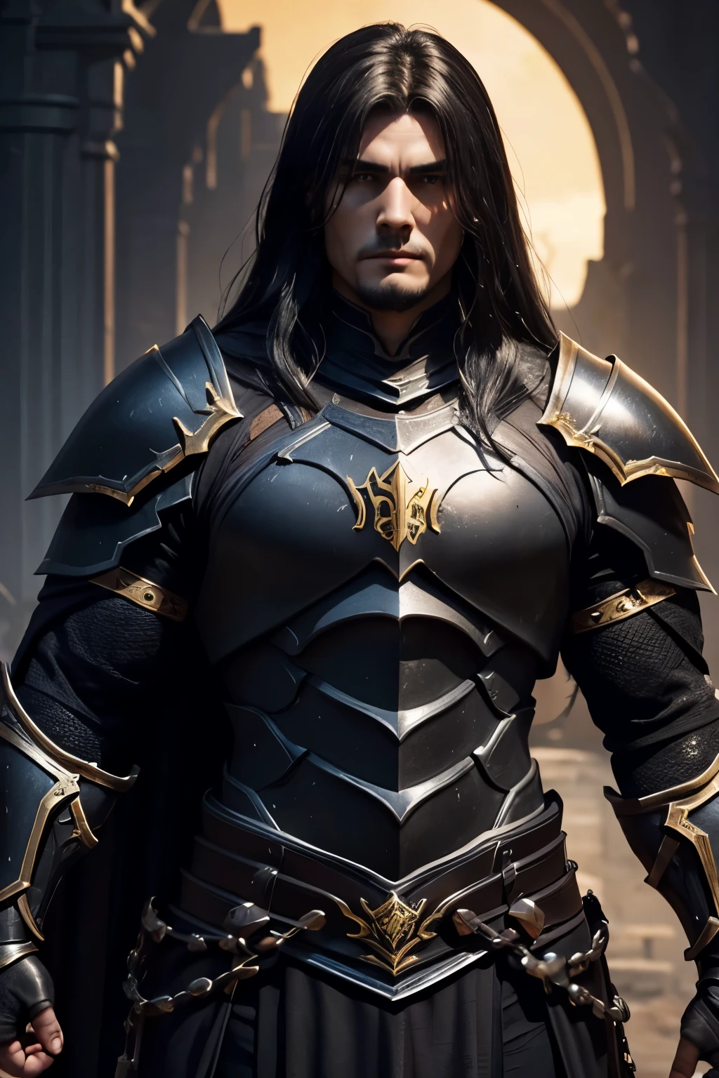 Dark Iron Armor, big and sample, perfect tummy, safe machado black、Beautiful and muscular dark knight、golden hair style、((all-body))、(((Photo taken from the front)))、darkness