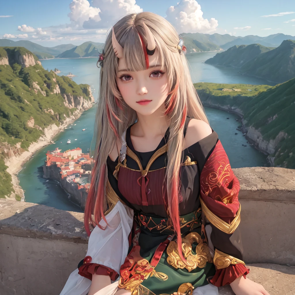 (best quality), masterpiece, Extremely detailed CG8K painting, high color, Extremely high color saturation, All colors are deepened, central composition, Extremely detailed light and shadow, The face and eyes are very detailed, medium length hair, sportswear, colorful clouds,beautiful nature,landscape