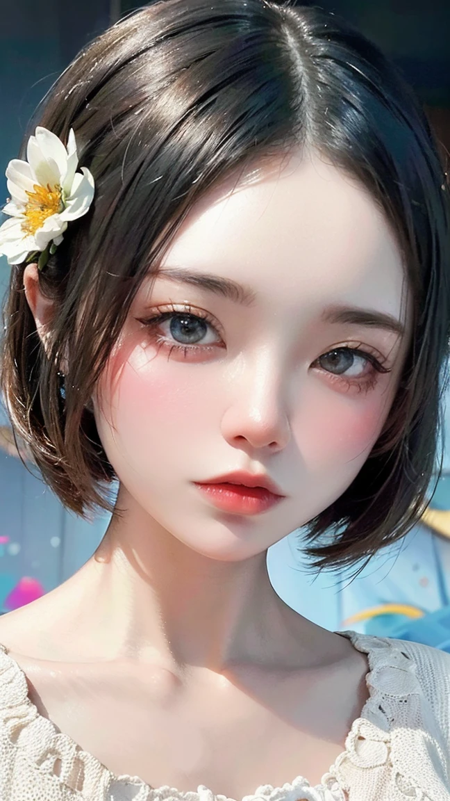 masutepiece, Best quality, (1womanl), Ultra-detailed, finedetail, A high resolution, 8K picture quality, hyper HD, Perfect dynamic composition, Beautiful detailed eyes, Natural lips, Orange and white floral knitted dress, extra very short hair, abstract backgrounds, is shy, Diffused neon in the background,