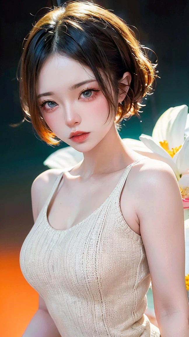 masutepiece, Best quality, (1womanl), Ultra-detailed, finedetail, A high resolution, 8K picture quality, hyper HD, Perfect dynamic composition, Beautiful detailed eyes, Natural lips, Orange and white floral knitted dress, extra very short hair, abstract backgrounds, is shy, Diffused neon in the background,