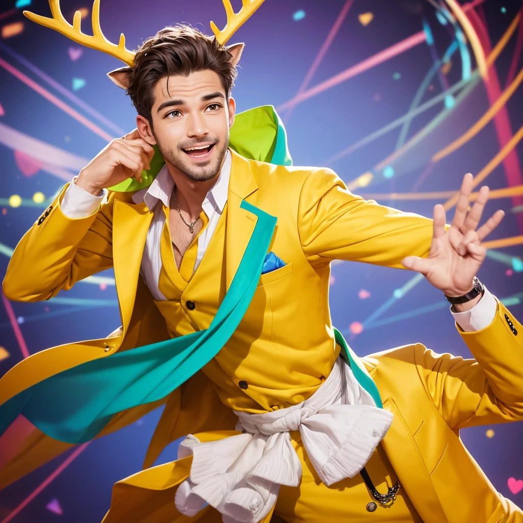 Create an image of a lively and charismatic man representing an MBTI entertainer (ESFP) type. He is wearing a bright yellow outfit that showcases his sociable and energetic nature. He has playful deer antlers growing from his head, adding a whimsical and entertaining touch to his appearance. The background should be a vibrant and festive setting that reflects his love for excitement and being the center of attention.